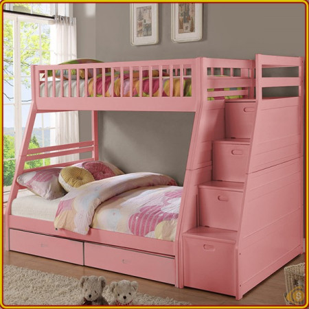 EU192 - Pink : Giường 2 Tầng, 2 Hộc Kéo + Cầu Thang Đảo Chiều, Giá Sách - Trên 1m / Dưới 1m4
